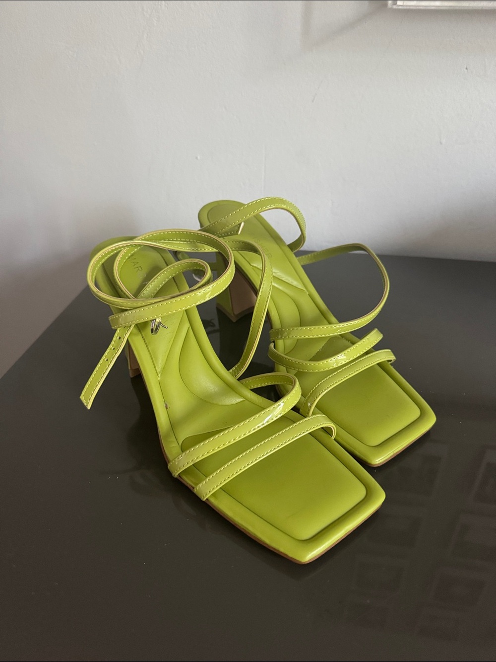 Lime Green Strappy Square-Toe Heeled Sandals